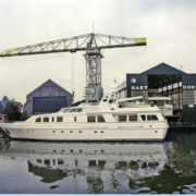 Brave Wolfe superyacht at Royal Hakvoort Shipyard in the Netherlands, showing the vessel during launch alongside the shipyard facilities.