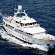 Sealion motor yacht cruising through open water, viewed from above.
